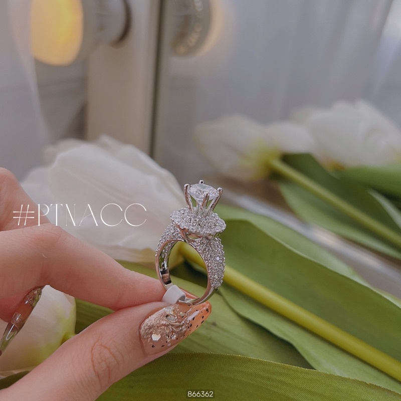 Nhẫn xi bạch kim đính full soàn tấm, nhẫn nữ đế tròn .PTNACC.