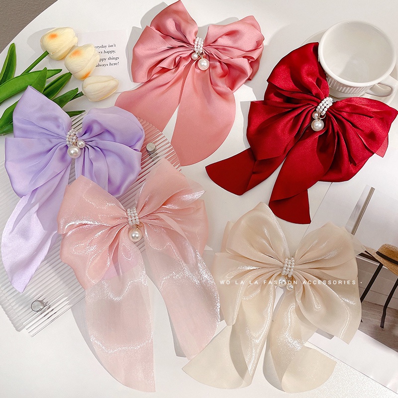 Kẹp Tóc Hình Nơ Đính Ngọc Trai Chất Liệu Chiffon Thời Trang Chất Lượng Cao 2022