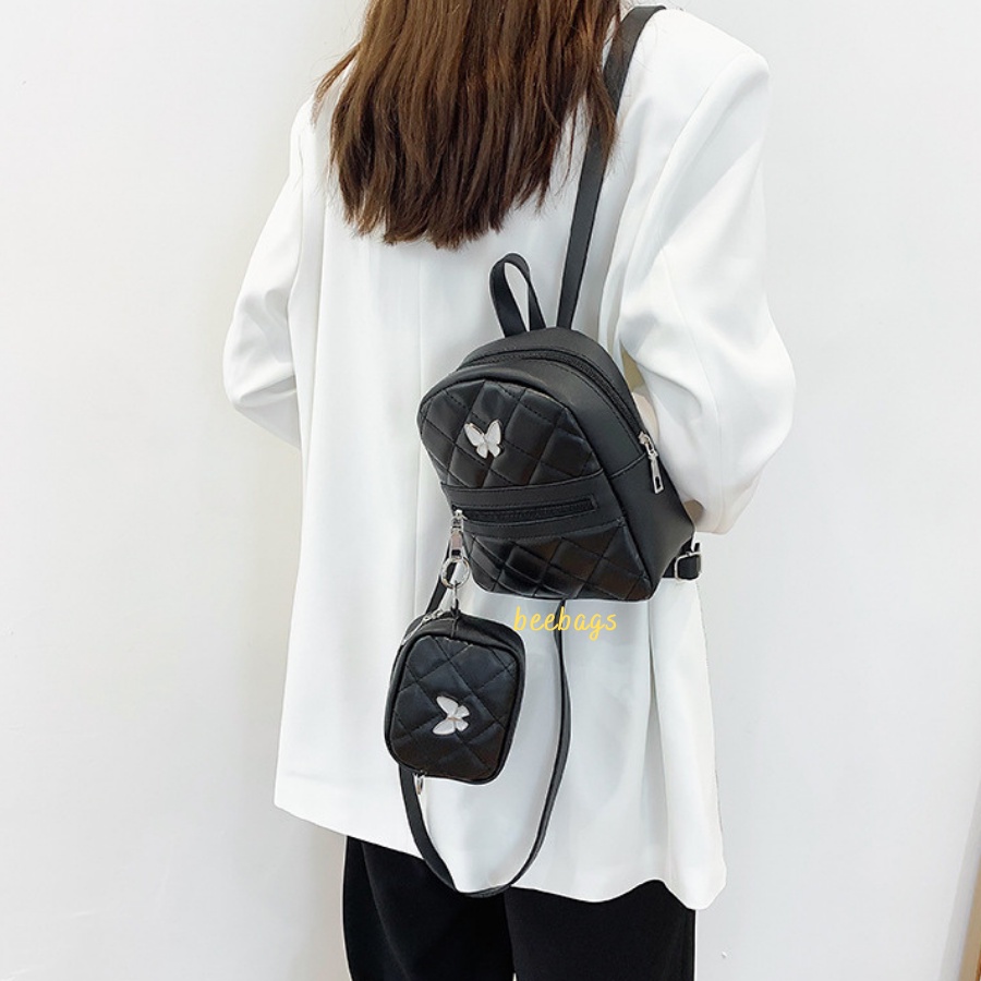 Balo Mini Họa Tiết Bướm Kèm Túi Nhỏ Xinh Xắn | BALO01 | Combo Balo Da Màu Hồng, Đen, Trắng Đi Chơi, Đi Học Và Cafe