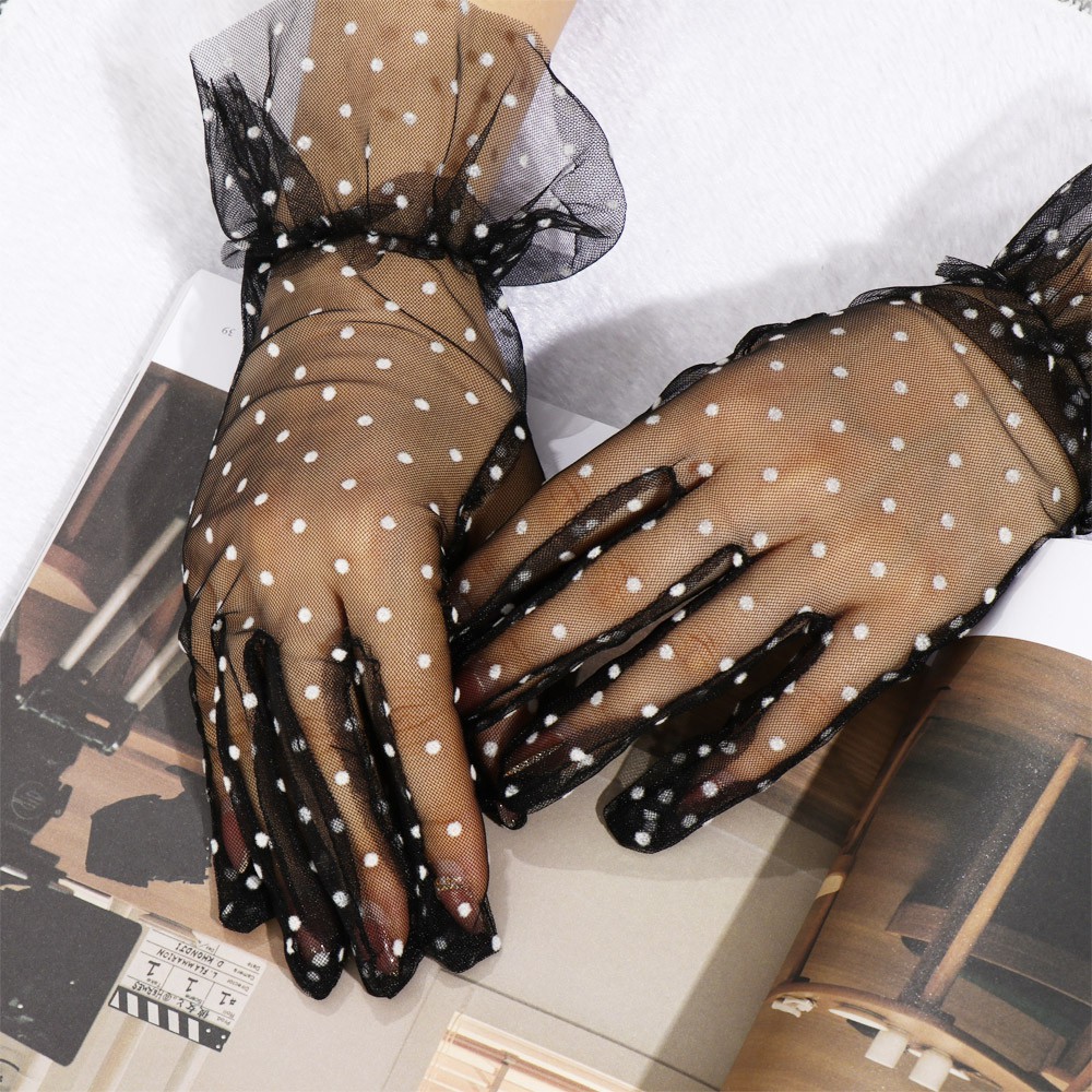 PATH Sunscreen Mesh Mittens Sexy Full Finger Tulle Gloves Lotus Leaf Women Elastic Transparentes Dot Printing/Multicolor