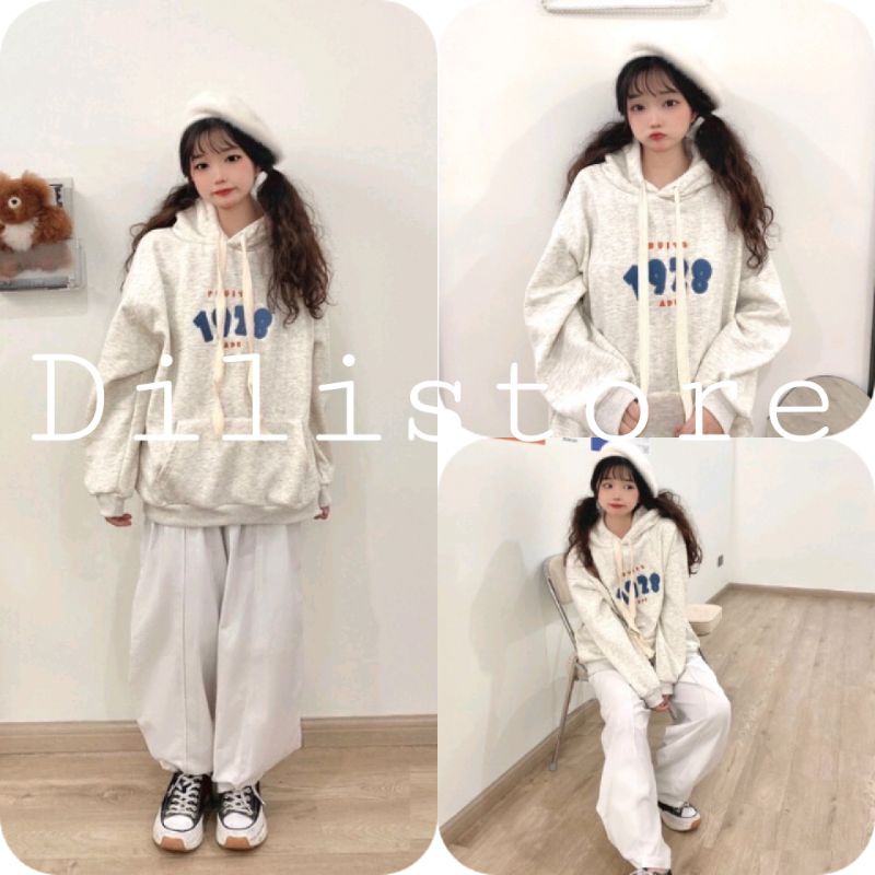 Áo Hoodie Nỉ Ngoại 1928 Thêu Nổi 🦋 Áo Khoác Dáng Thụng Nam Nữ Màu Xám Mũ 2 Lớp 🦋