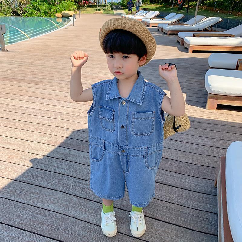 Bộ Áo Liền Quần Bằng Cotton Denim Tay Ngắn Thoải Mái Thời Trang Mùa Hè Cho Bé Trai
