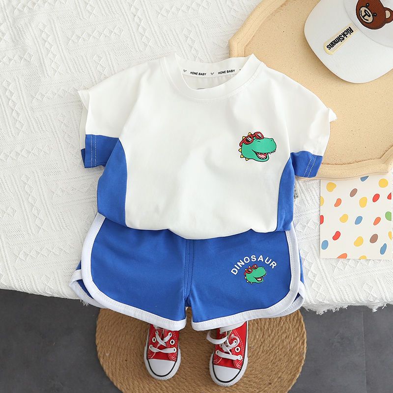 Bộ Áo Thun Ngắn Tay In Hoạt Hình Động Vật + Quần Short Thời Trang Mùa Hè Hàn Quốc Cho Bé Trai