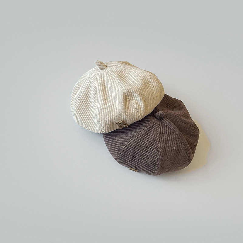 Mũ Beret Vải Nhung Kẻ Phong Cách Retro Hàn Quốc Dành Cho Bé