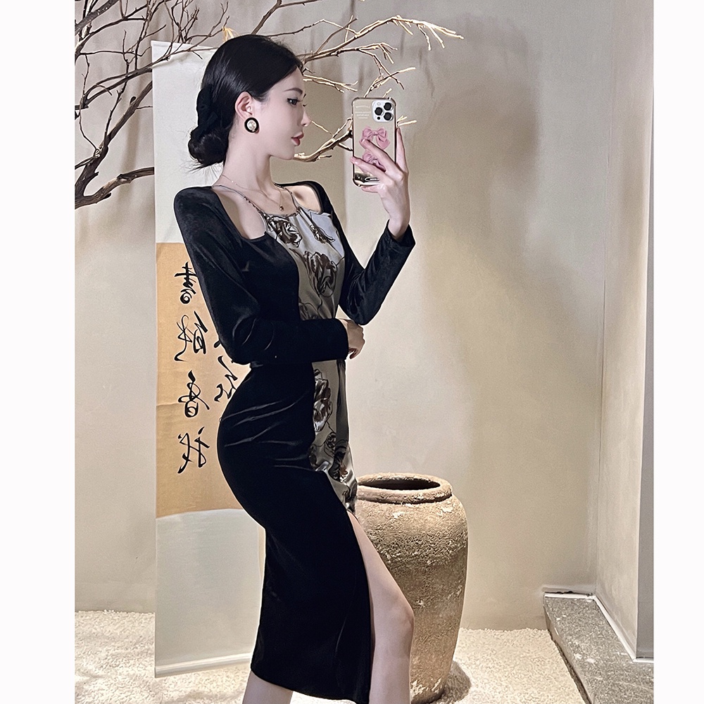 Đầm Dự Tiệc Vải Nhung Satin Dáng Ôm Xẻ Tà Phong Cách Thời Trang Mới 2022