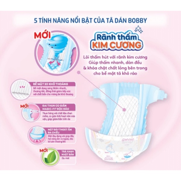 Bỉm tã dán Bobby siêu thấm - khô thoáng (S, 4-8kg, 80 miếng) + 2 miếng Tã dán Bobby cỡ S