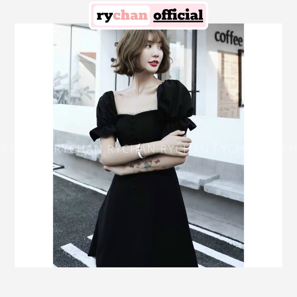 Đầm Xòe Cổ Vuông Tay Phồng Nút Bọc 2 Màu  - DX0141