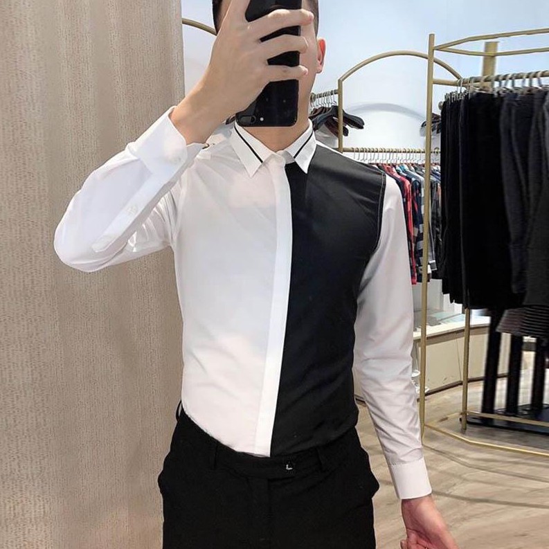 Áo sơ mi nam TRẮNG PHỐI ĐEN CHẠY 1 SỌC CỔ Hàn Quốc dáng ôm vải lụa thái chống nhăn chống xù SIÊU ĐẸP