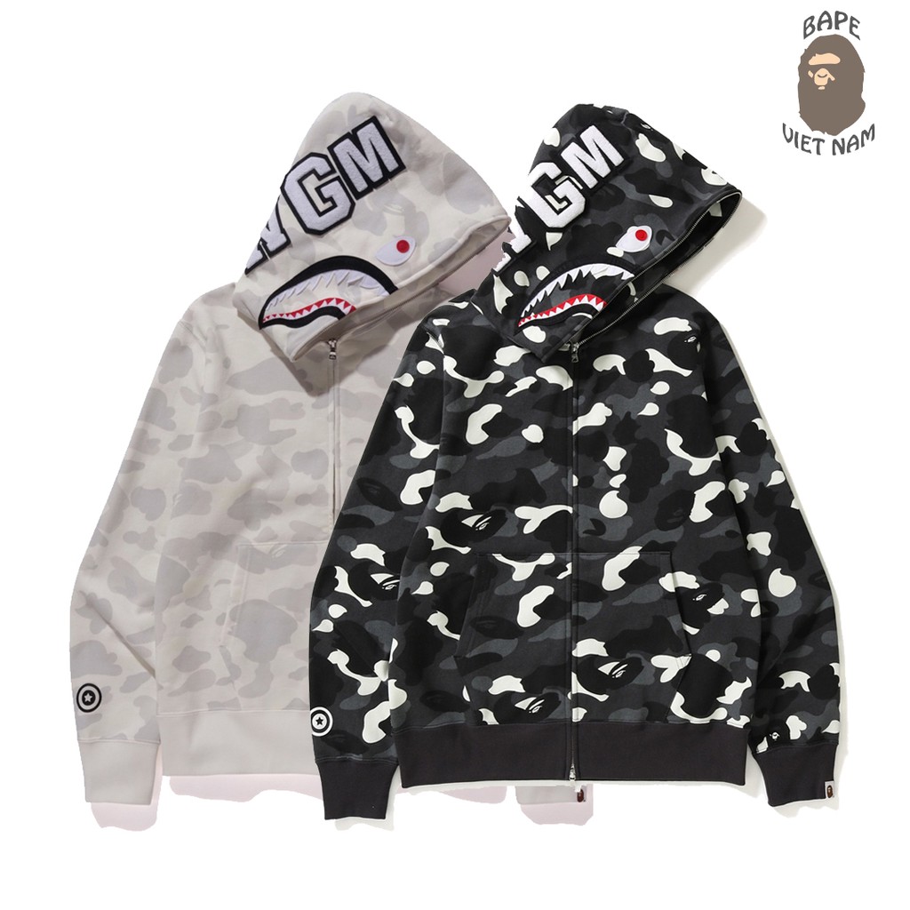 Jacket Bape Shark fullzip Camo Black, Camo White Phát quang trong tối , Áo Hoodie Bape Cá Ngáo