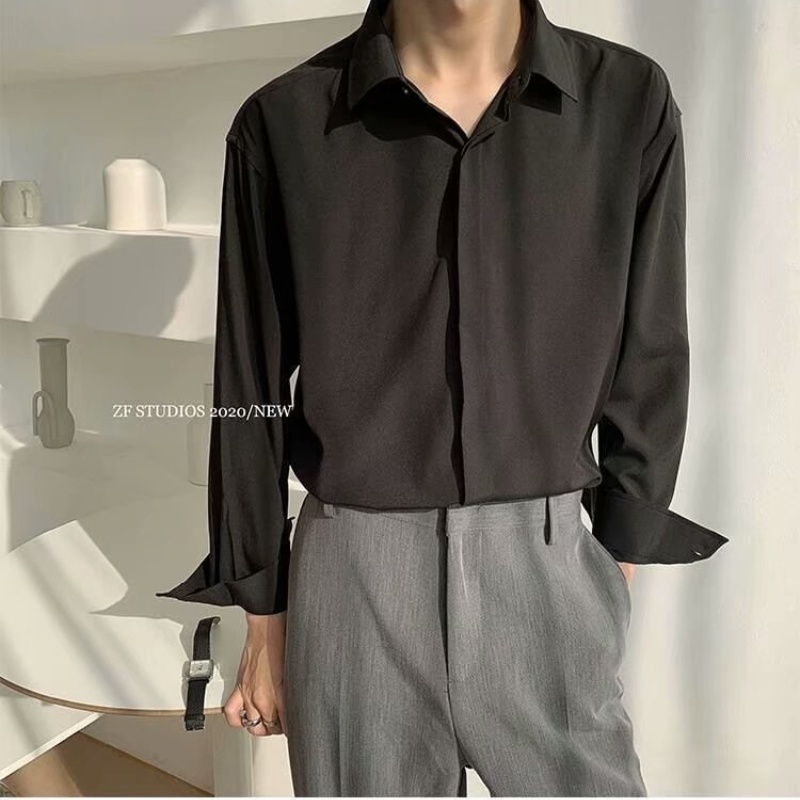 Áo Sơ Mi Tay Dài Dáng Rộng Màu Sắc Đơn Giản Thời Trang Cao Cấp Cho Nam