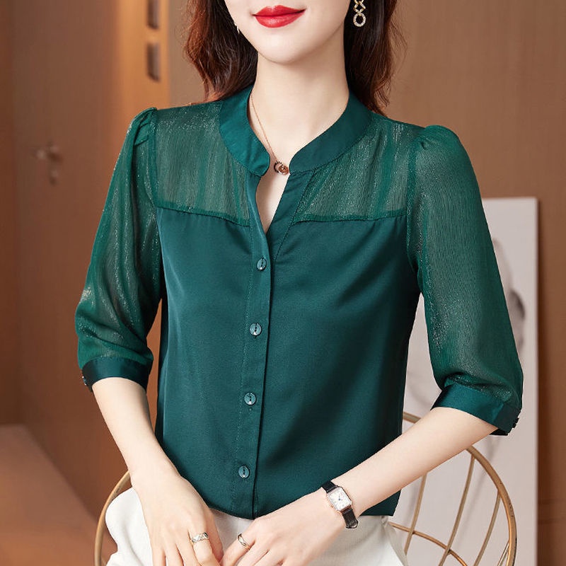 Áo Sơ Mi Voan Màu Đỏ Thời Trang Mùa Hè Dành Cho Nữ Trung Niên