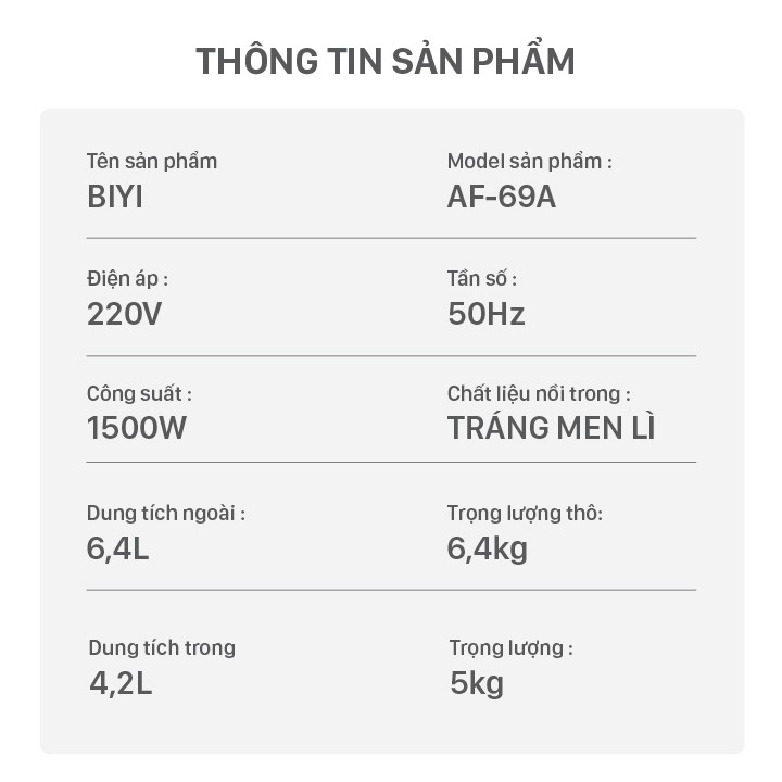 [Mã ELHADEV giảm 4% đơn 300K] Nồi chiên không dầu BIYI AF69A 4.2L 1500W, Bảo Hành 12 Tháng