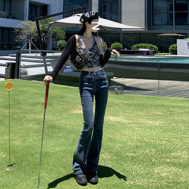 Quần jean ống loe lưng cao dáng ôm phong cách retro mới cho nữ 2021