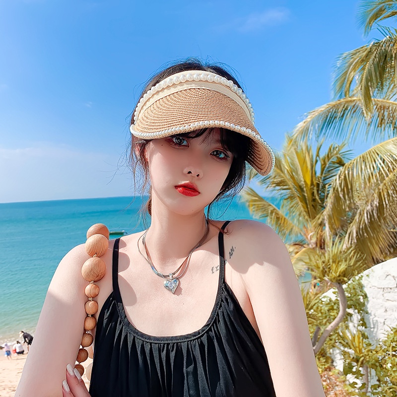 Nón Cói Rộng Vành Hở Chóp Phối Ngọc Trai Xinh Xắn Theo Phong Cách Mùa Hè Dành Cho Nữ