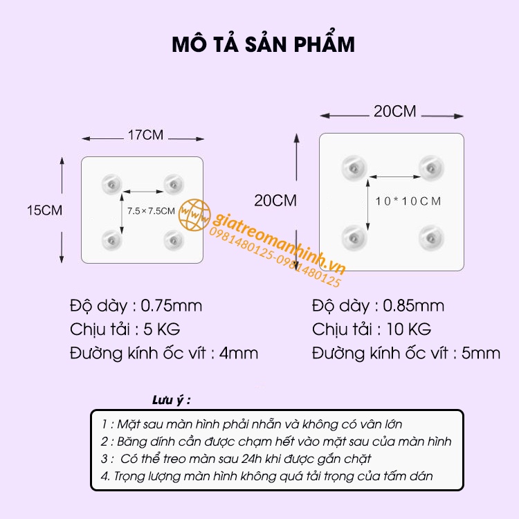 Tấm Dán Siêu Chắc Tạo Ốc VESA - Lắp Đặt Cùng Giá Treo Màn Hình Máy Tính- Dùng Cho Màn Hình 17 - 27 Inch Không Có Lỗ Ốc