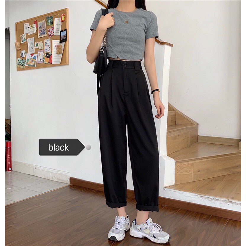 Quần Tây Baggy 2 Nút Gài Lưng Cao Kéo Khóa Màu Đen basic (BC110)