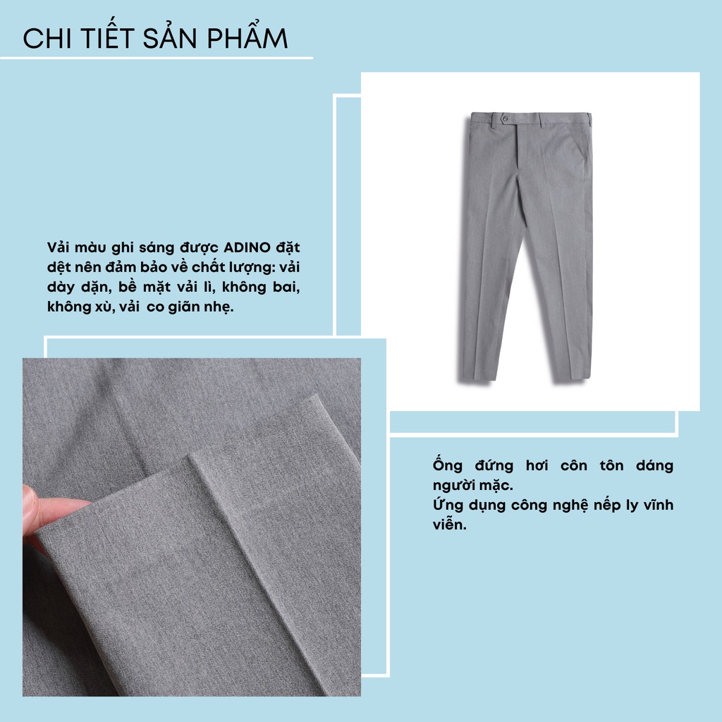 Quần âu nam ADINO màu ghi sáng vải cotton dày không bai không xù co giãn nhẹ dáng công sở slimfit ống đứng hơi côn QA116