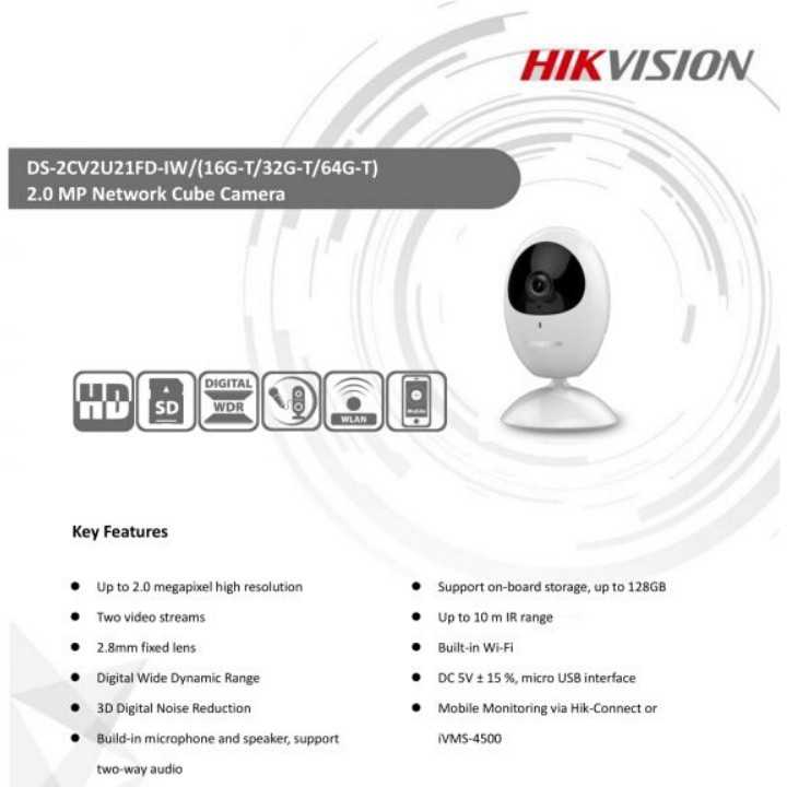 Camera IP WiFi Không Dây Quan Sát Toàn Cảnh 110°, Độ Nét FULL HD1080P HikVision CUBE Mini DS-2CV2U21FD-IW