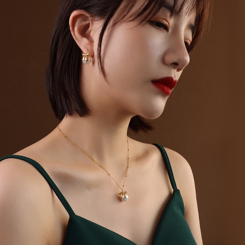 Bộ Trang Sức Bông Tai Hoặc Dây Chuyền Ngọc Trai Nhân Tạo Titan Ko Han Rỉ TT 3783