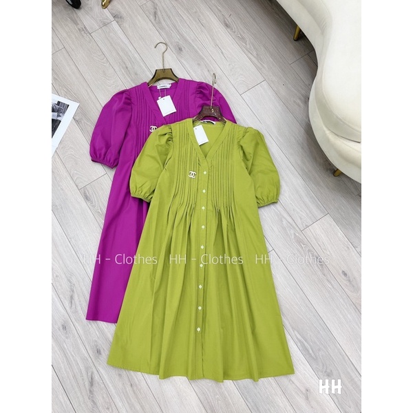 Đầm babydoll dáng dài xếp ly ngực tay phồng quảng châu