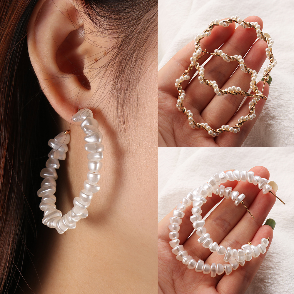 (Hàng Mới Về) Đôi Khuyên Tai Nữ Hình Tròn Lớn Đính Ngọc Trai Xinh Xắn