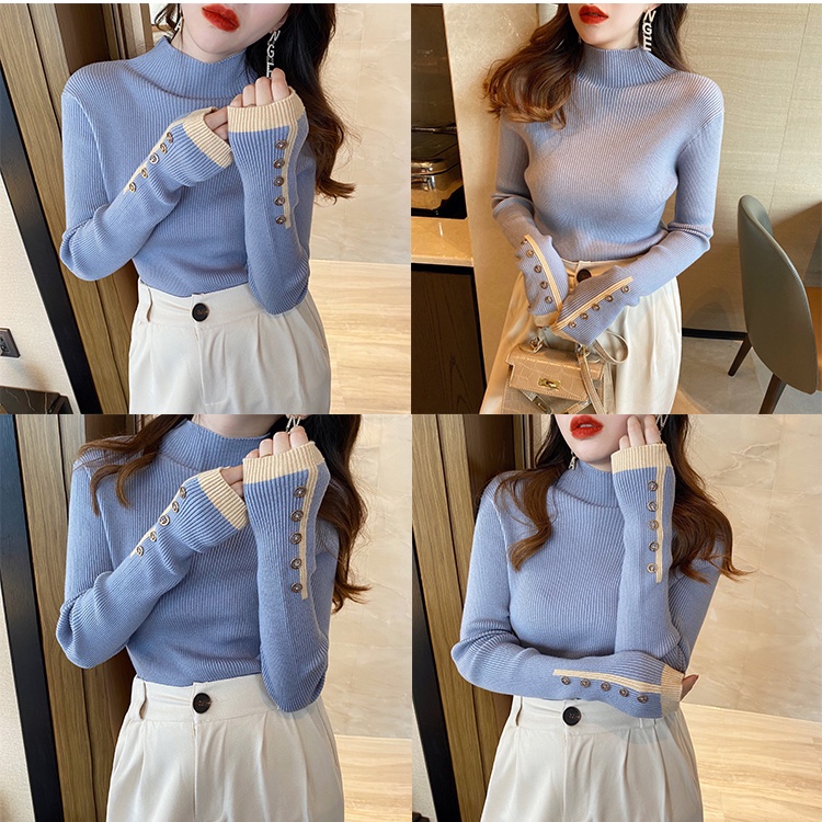 SUXI Áo len cổ cao màu sắc đơn giản cho nữ