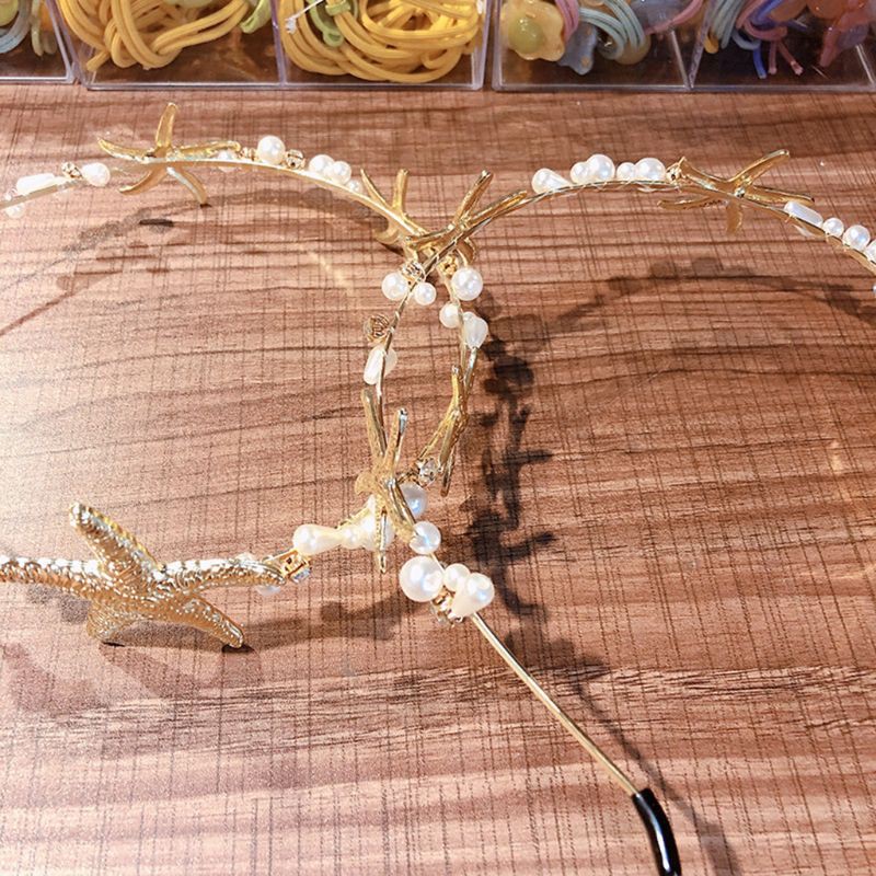 Băng đô cài tóc màu vàng ánh kim đính sao biển ngọc trai nhân tạo thời trang dành cho nữ