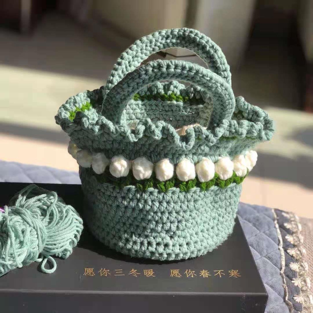 Túi Xách bucket Vải Len Dệt Tay diy Hình Cánh Hoa/Dâu Tây Dành Cho Nữ