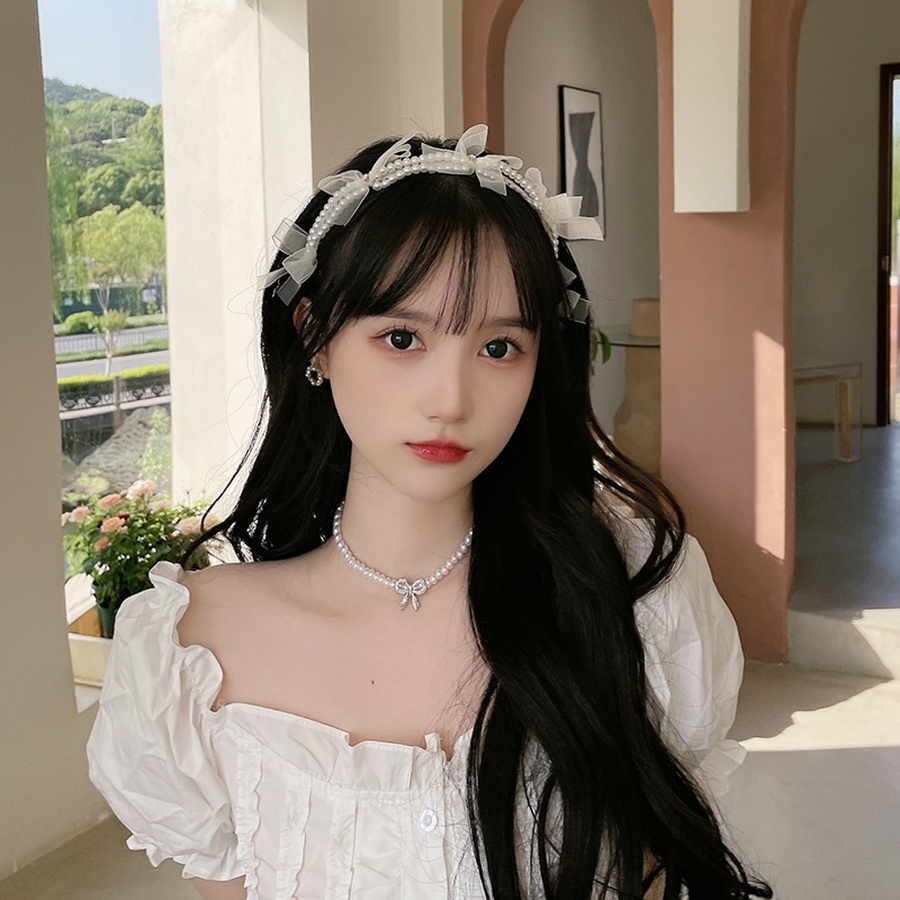 Korean Mesh Bow Beaded Headband Girls Sweet Crystal Hair Band Hair Accessories