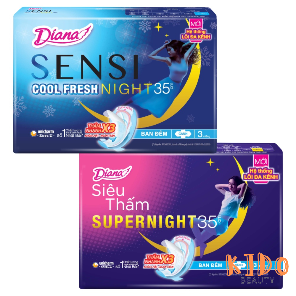Băng vệ sinh ban đêm Diana Sensi Cool Fresh Night |Super Night có cánh - BVS Diana siêu thấm chống tràn (35cm - 3 Miếng)