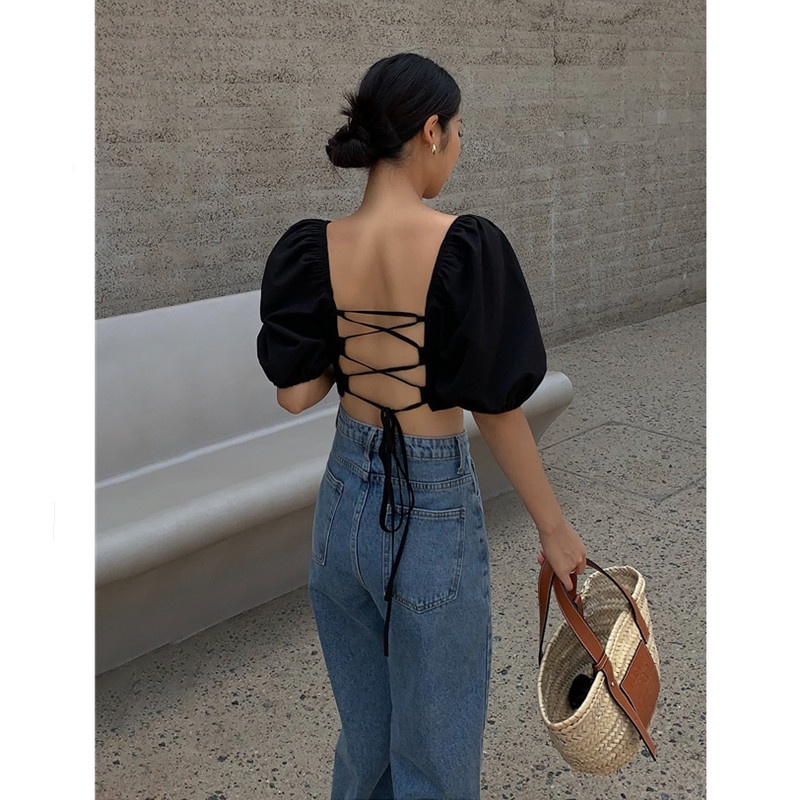 Áo sơ mi cổ vuông hở lưng phong cách retro thời trang cho nữ