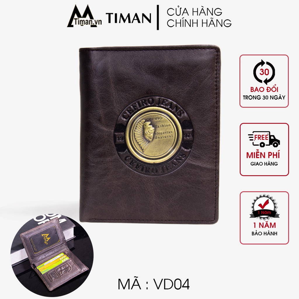 Ví nam mini dài cầm tay dáng đứng chất liệu da thật hàng hiệu bảo hành 1 năm BD10 TIMAN