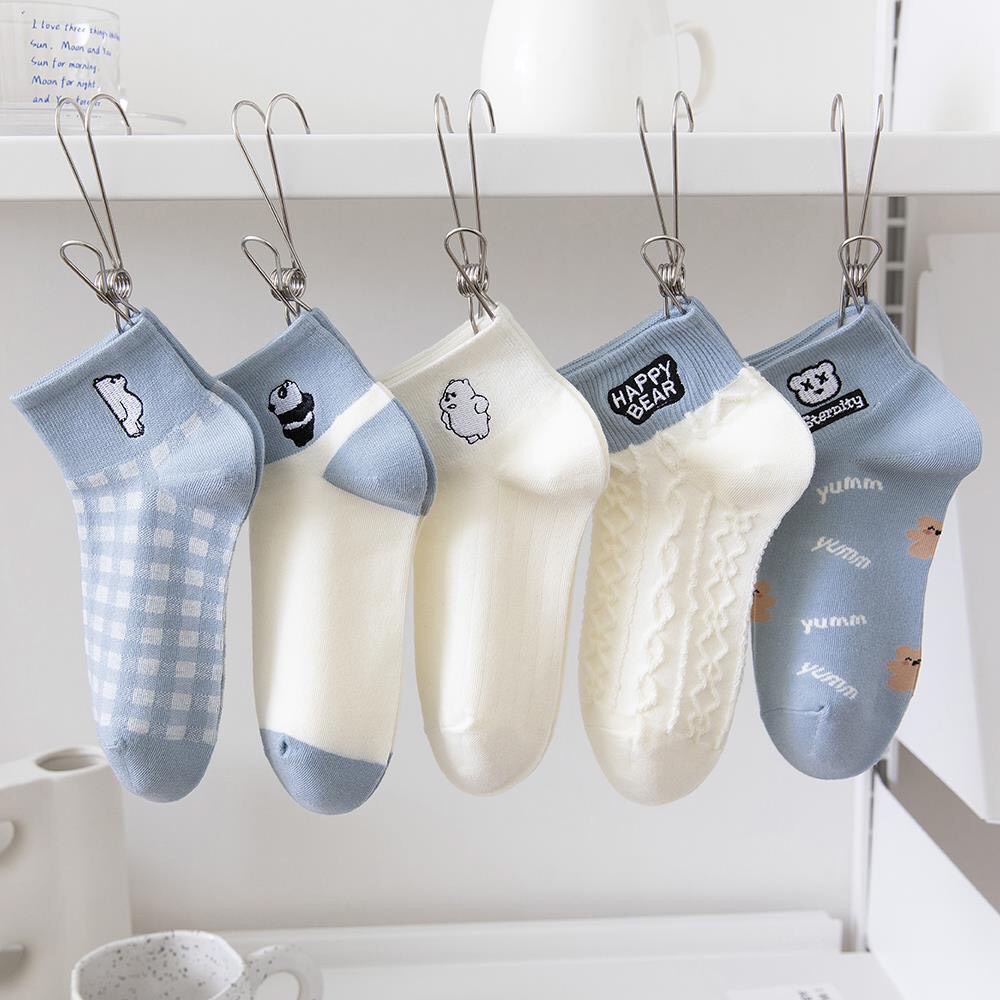 Tất nữ cổ ngắn vải cotton co giãn tốt chống hôi chân họa tiết dễ thương set 5 đôi màu trắng xanh - Ekiu Shop