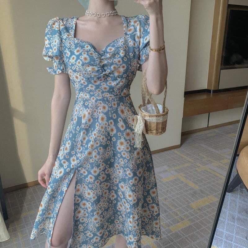 Váy voan hoa nhí xanh Vintage xẻ tà cực sang chảnh