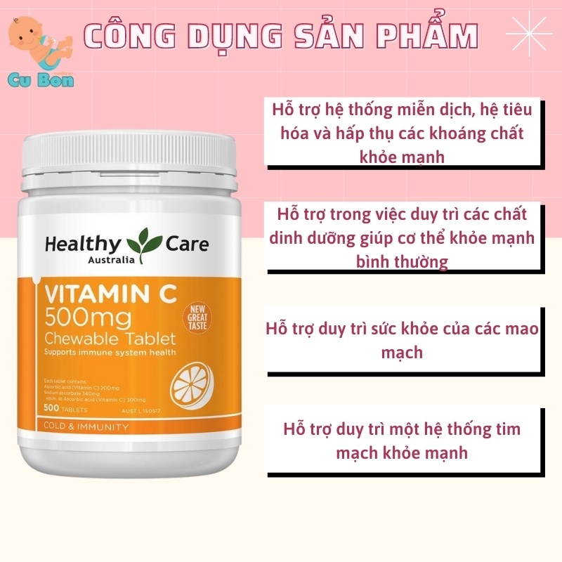 Vitamin C HEALTHY CARE 500mg của úc hộp 500 viên giúp tăng đề kháng hệ miễn dịch đẹp trắng da cho cả gia đình từ 2 tuổi