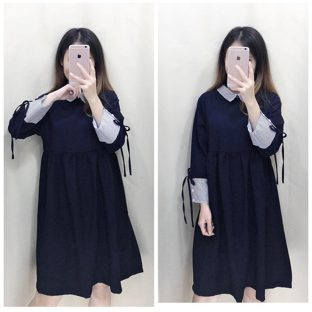 Váy babydoll tay buộc nơ - Navy Dress