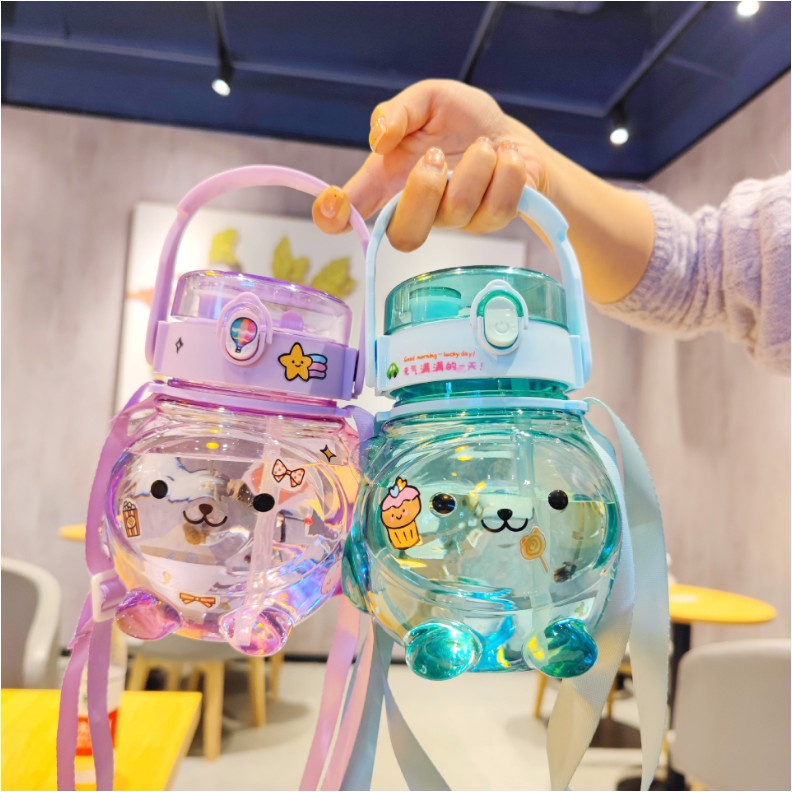 Bình nước cute dể thương có ống hút 1000ml cho bé đi học tặng kèm sticker dán