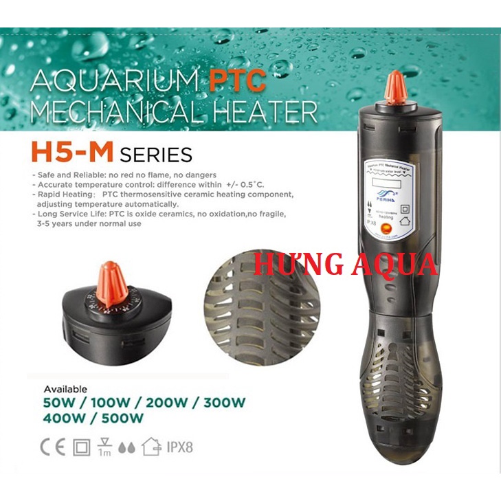 Sưởi bể cá, sưởi hồ cá, máy sưởi bể cá PERIHA H5-M &amp; H8-M50/100/200/300/500 cao cấp, sưởi chống cháy nổ cho bể 20 - 350L