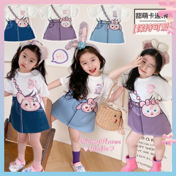Đầm Jean T-Shirt Giả Hai Mảnh Họa Tiết Hoạt Hình Phong Cách Phương Tây Thời Trang Mùa Hè Dành Cho Bé Gái
