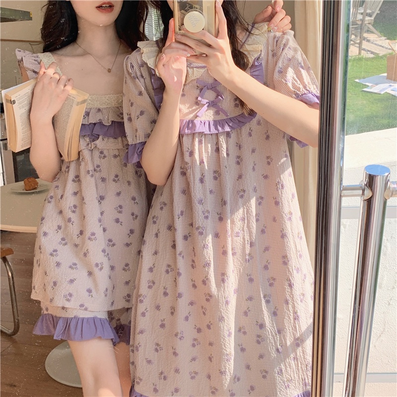 (SẴN) Set bộ mặc nhà nữ tím hoa nhí phối bèo quảng châu