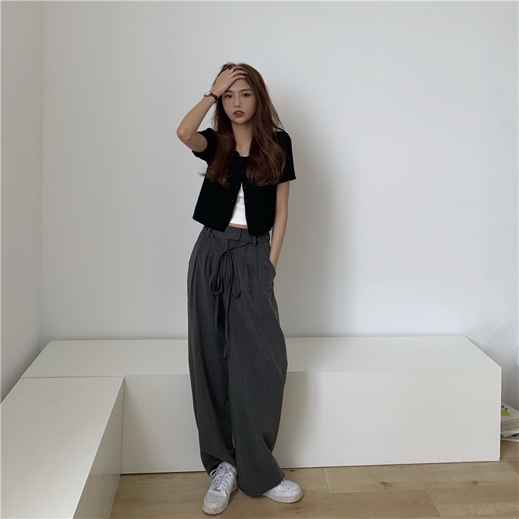 Quần ống rộng eo cao màu xám phong cách Hàn Quốc cá tính cho nữ | BigBuy360 - bigbuy360.vn