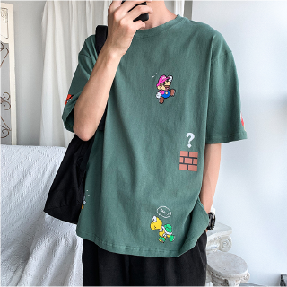 Korean Style Men's Oversize Half Sleeve Patterned T-Shirts In Green Black White