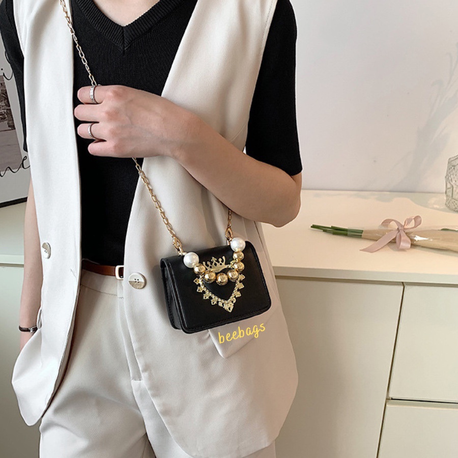 Túi Mini Dây Ngọc Cầm Tay Họa Tiết Trái Tim Vương Miện Sang Chảnh | TX42 | Túi Cầm Tay Kèm Dây Xích Màu Be, Trắng, Đen