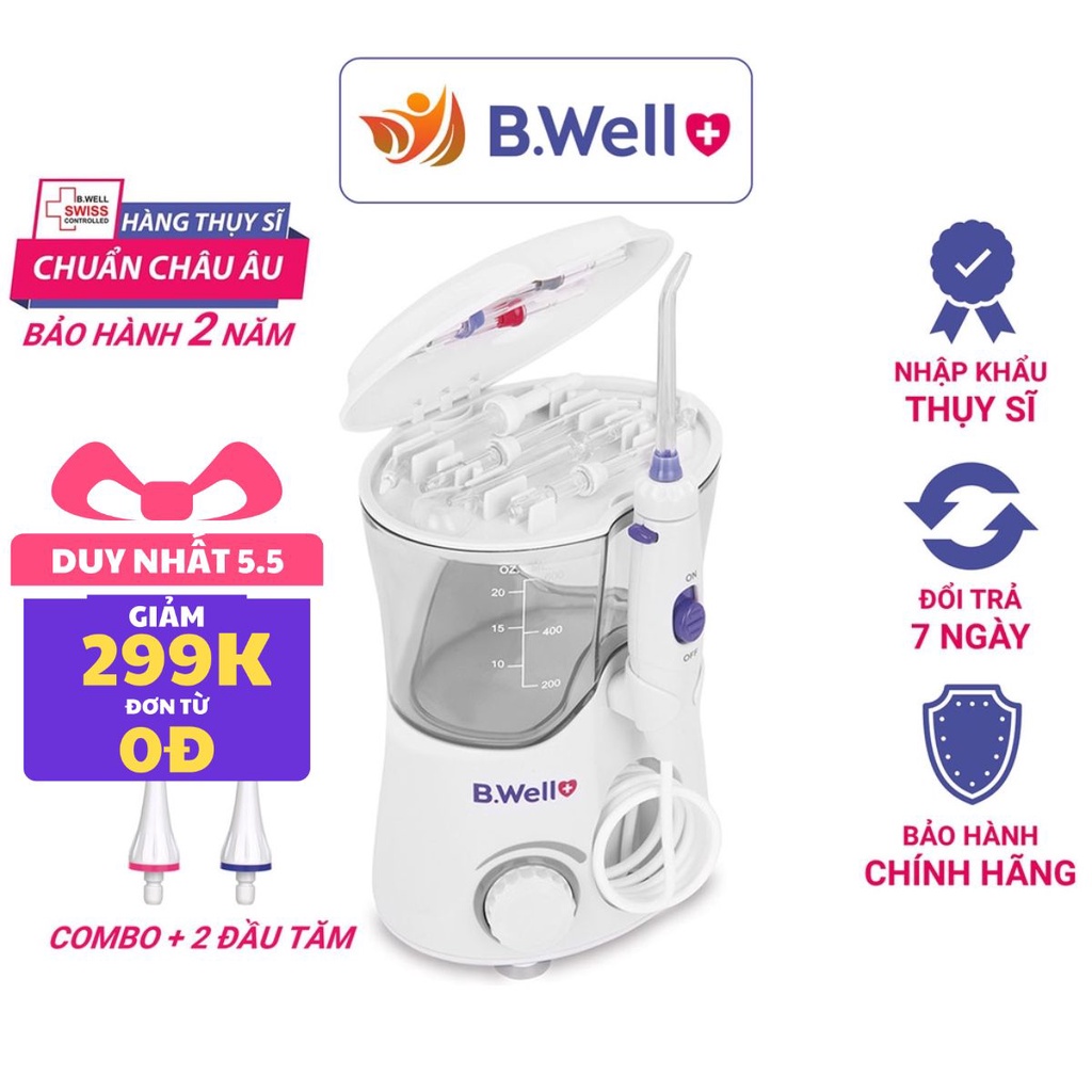 Máy tăm nước gia đình b.well wi 922 combo + 3 đầu tăm, tăm nước vệ sinh răng thụy sĩ cao cấp 7 đầu tăm - bwell y tế 360