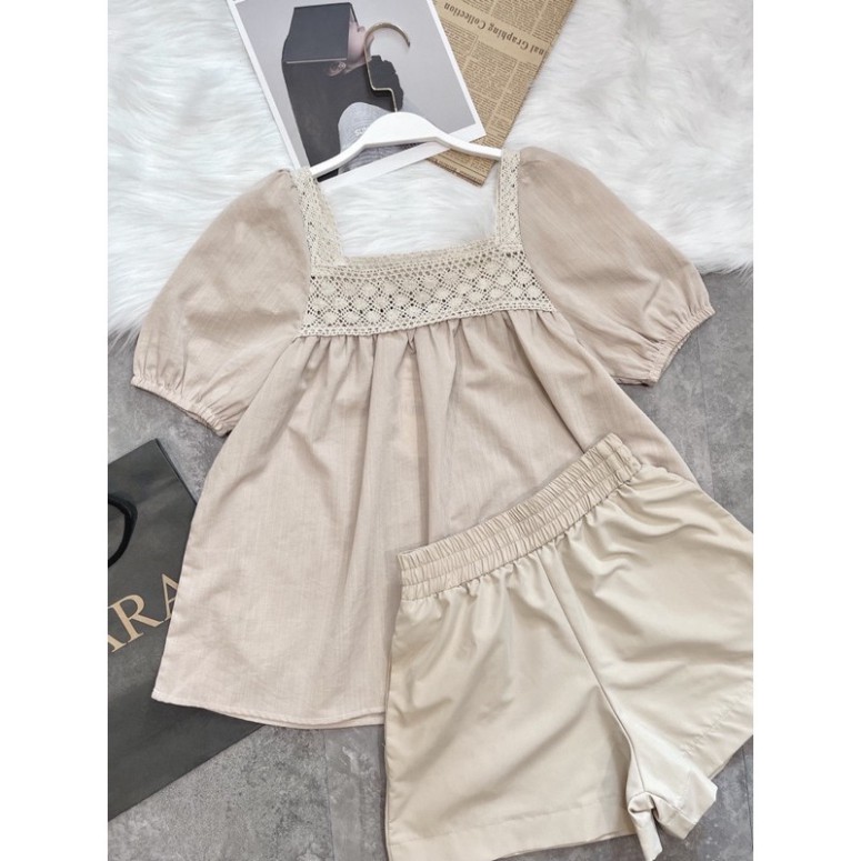 Đồ bộ nữ babydoll chất thô đũi xước phối ren cổ vuông