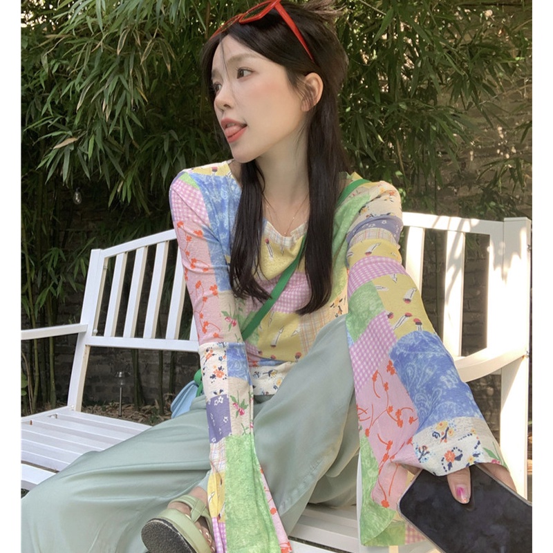 Áo Thun Tay Dài Dáng Rộng In Họa Tiết Phối Màu Thời Trang Mùa Hè Xinh Xắn Cho Nữ