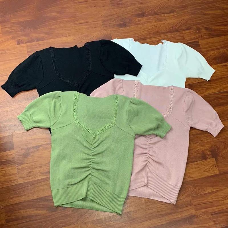 Áo Dệt Kim Màu Trơn Tay Phồng Cổ Viền Ren Phong Cách Hàn Quốc Nữ Tính | BigBuy360 - bigbuy360.vn