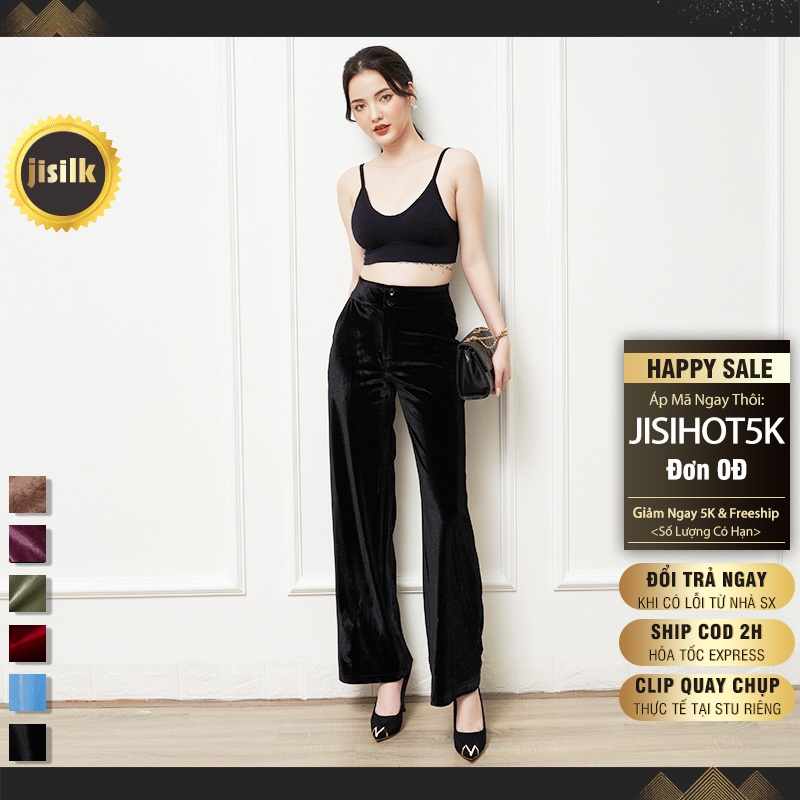 Quần ống suông jisilk nữ lưng cao vải nhung bigsize Hàn Quốc màu tím đen nâu ống loe công sở Hipsii N.QDA-01