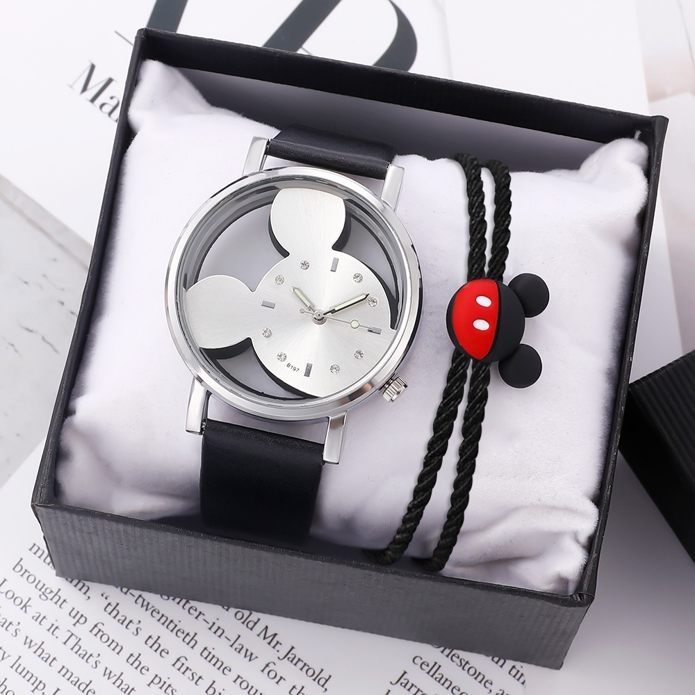 Bộ Đồng Hồ Đeo Tay Quartz Mặt Hình Chuột Mickey Cho Nữ