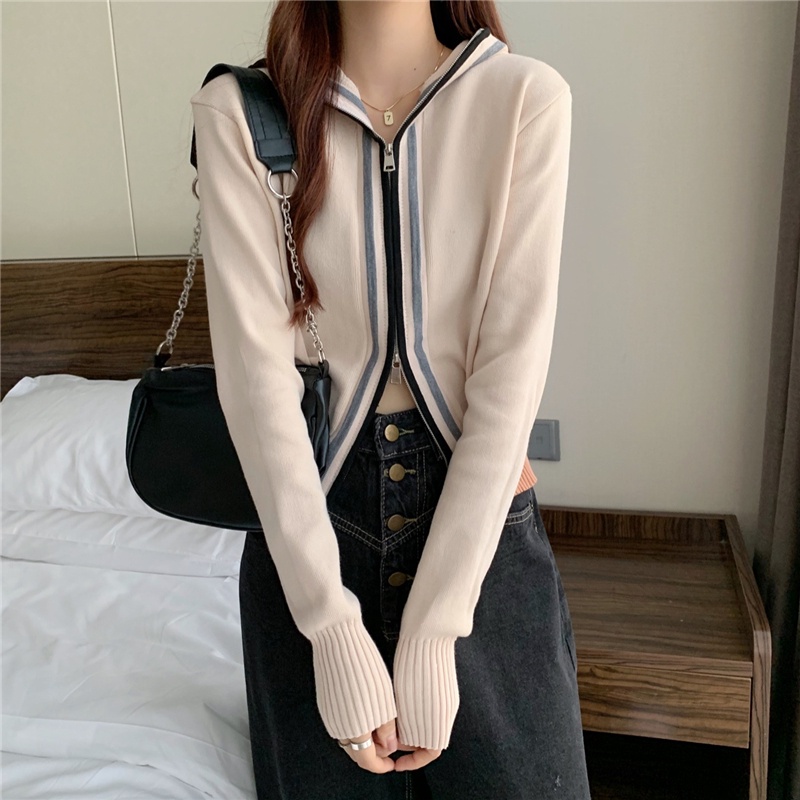 Áo khoác cardigan dệt kim tay dài kiểu khóa kéo đôi hợp thời trang cho nữ
